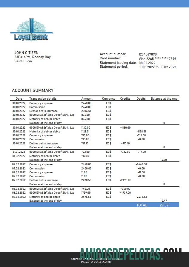 Saint Lucia Loyal Bank Statement examplo